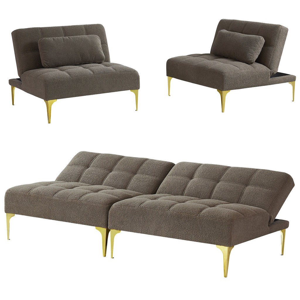 Taupe Teddy Fabric Upholstered Three-seat Futon Sofa with 2 Pillow and Gold Metal Legs H989711