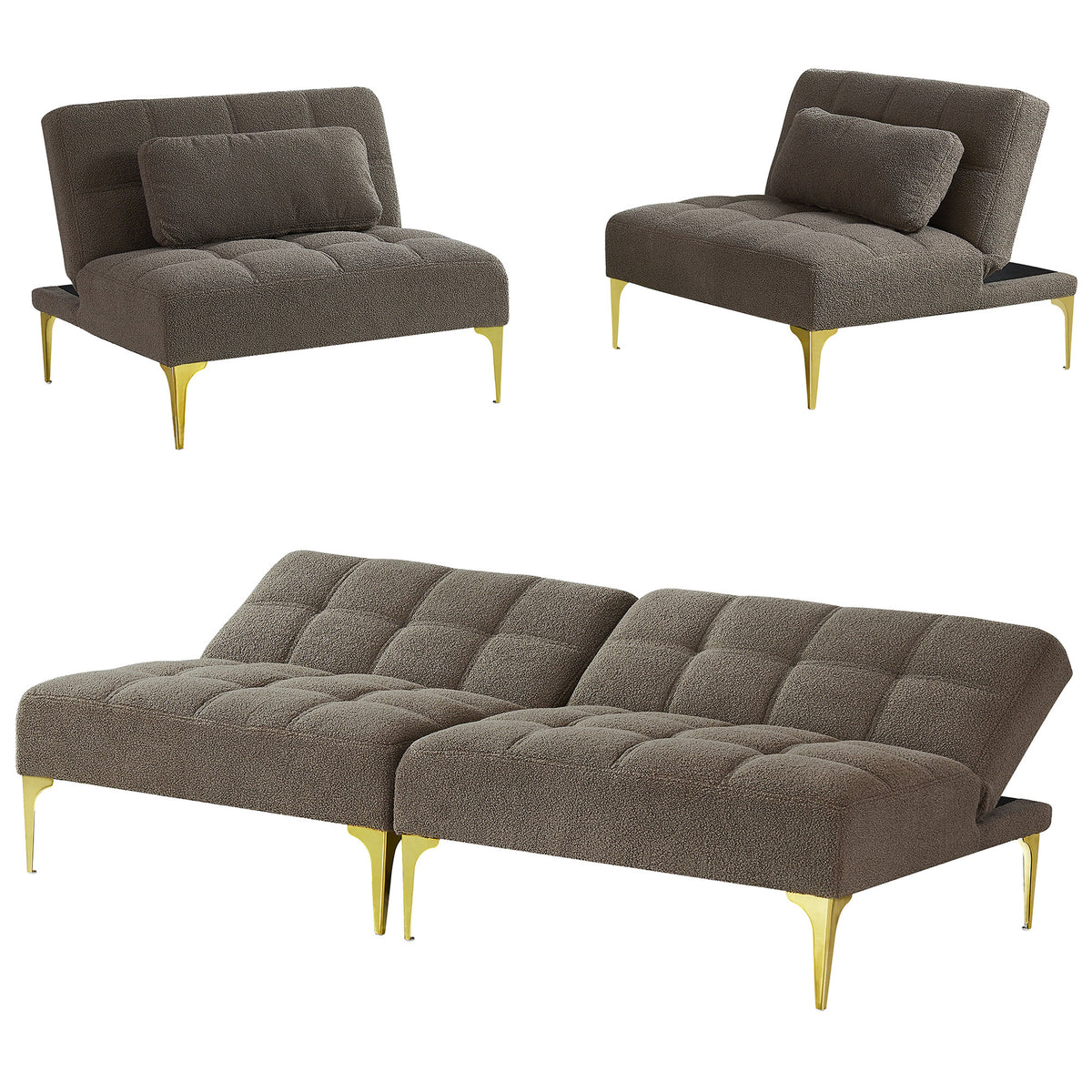 Taupe Teddy Fabric Upholstered Three-seat Futon Sofa with 2 Pillow and Gold Metal Legs H989711