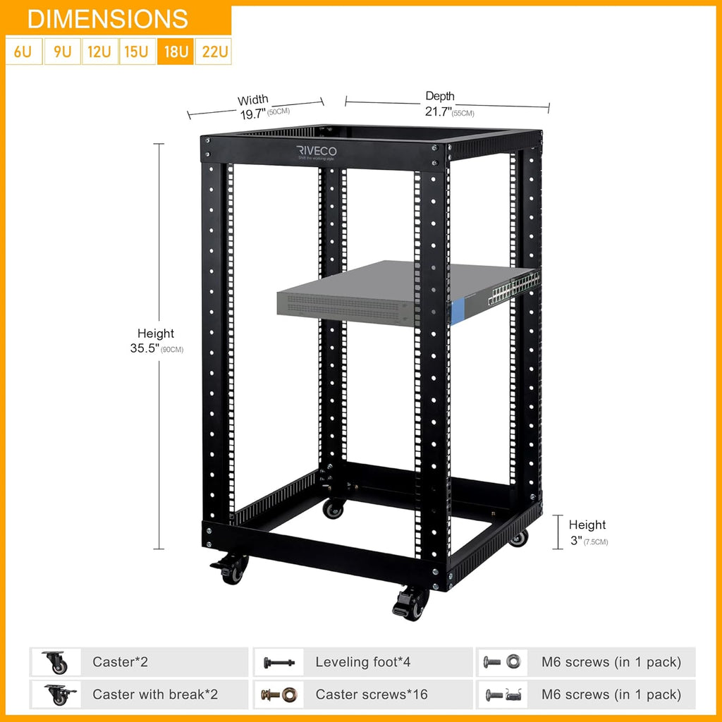 Black 18U Open Frame Server Rack with Brake Casters S903539