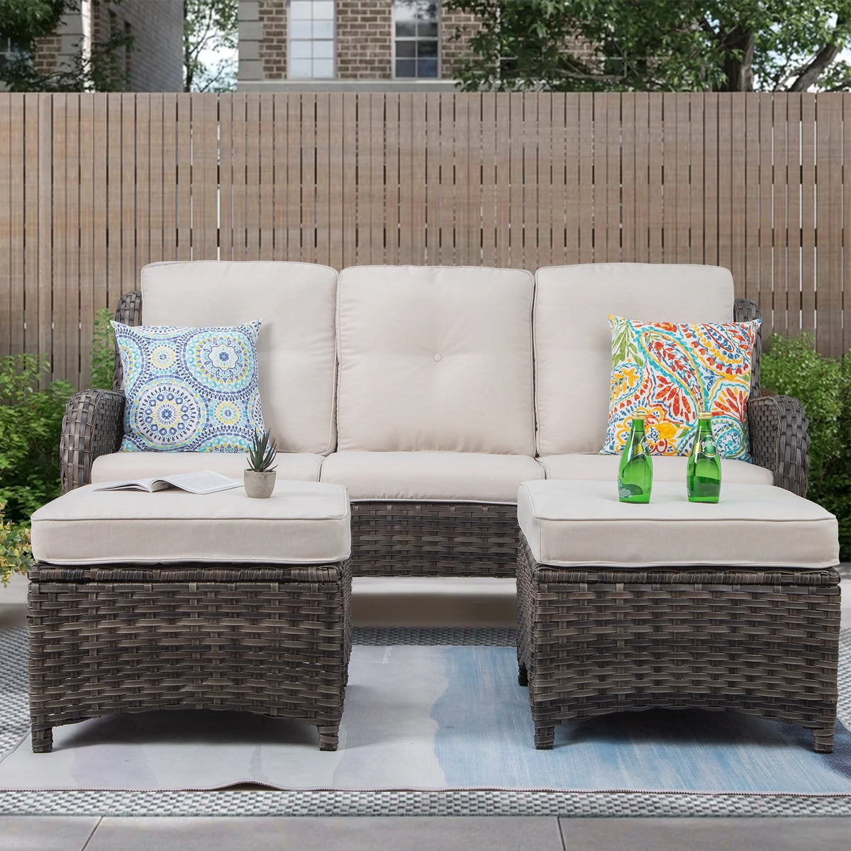 Beige Wicker 3-Piece Patio Sofa and Ottoman I762921