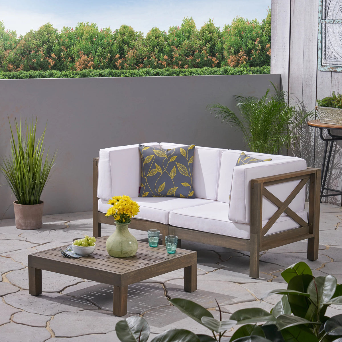 Gray and White Acacia Wood Sectional Loveseat with Coffee Table O300