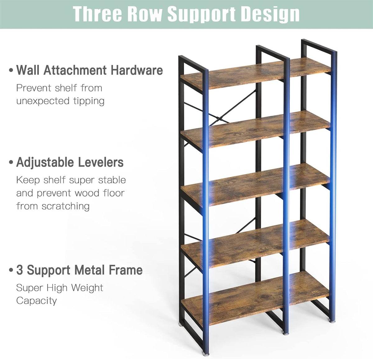 Rustic Industrial 5 Tiers Bookcase with Metal Frame C439