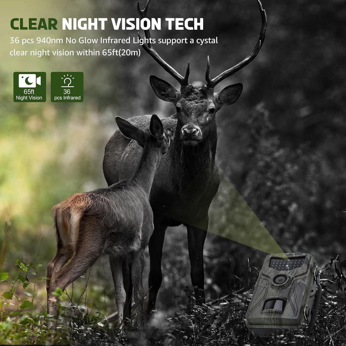 2.7K 36MP Game Camera 0.2S Trigger 65ft Range No Glow Night Vision 120° Angle IP66 Waterproof 32GB Card Pack of 2 C819552