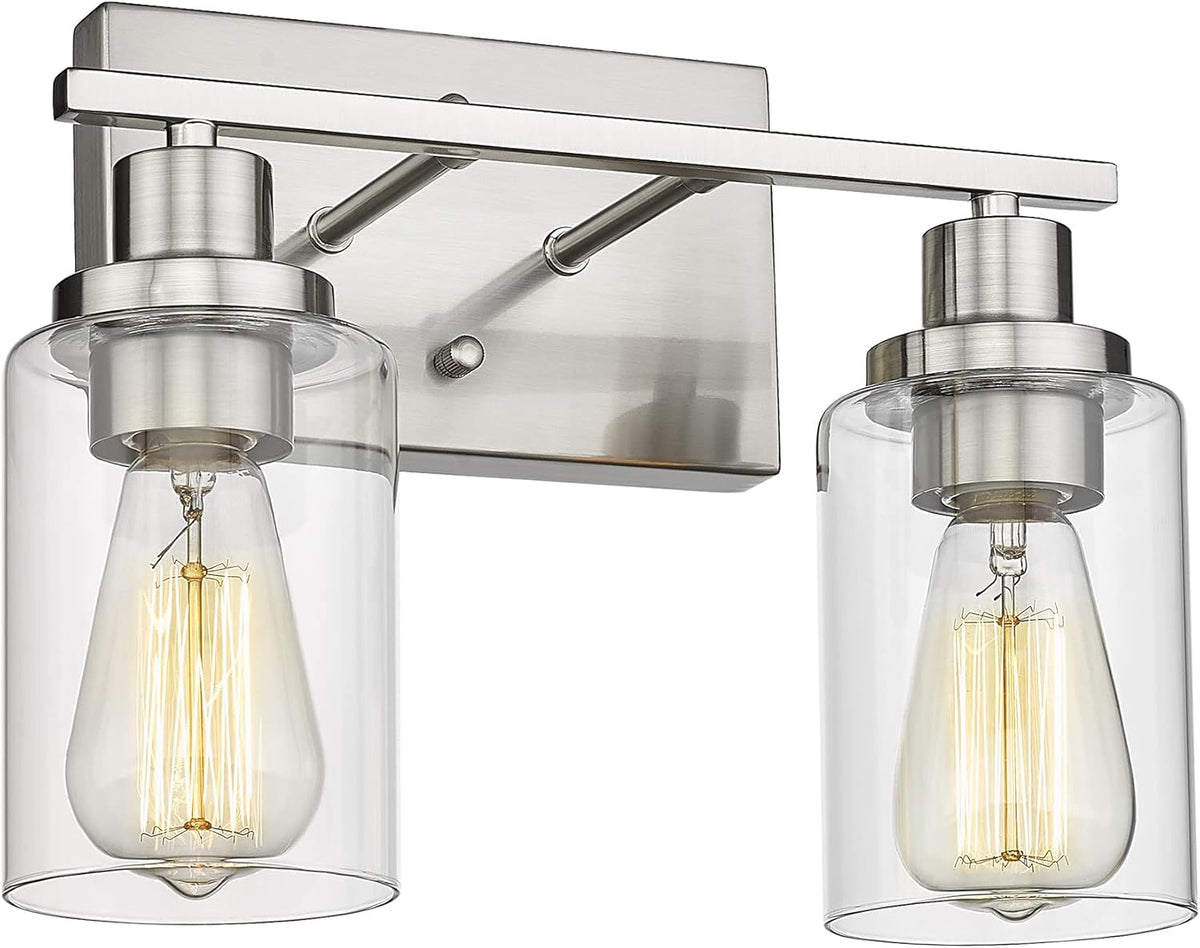 2-Light Brushed Nickel Vanity Wall Light Fixtures with Clear Glass Lampshade C608