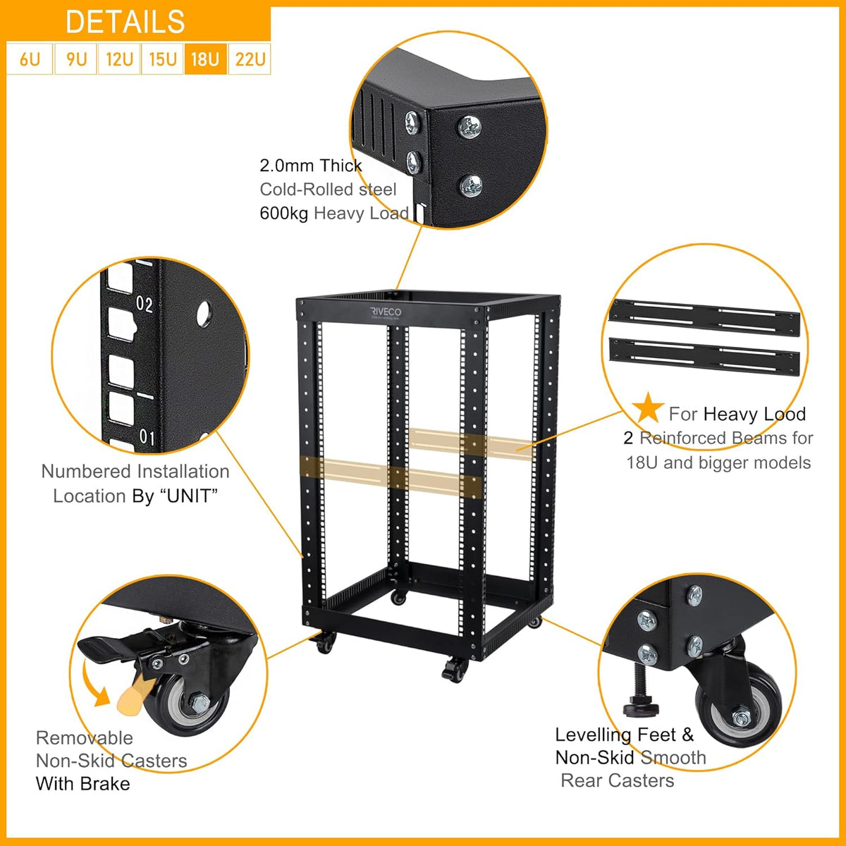 Black 18U Open Frame Server Rack with Brake Casters S903539