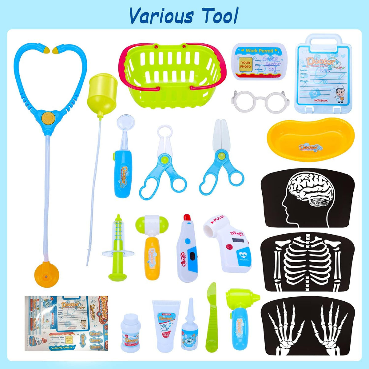 Doctor Cart Kit with Stethoscope Doctor Coat Light X-Ray Double-Decker Trolley Dress Up Doctor Costume Playset Toys Q677573