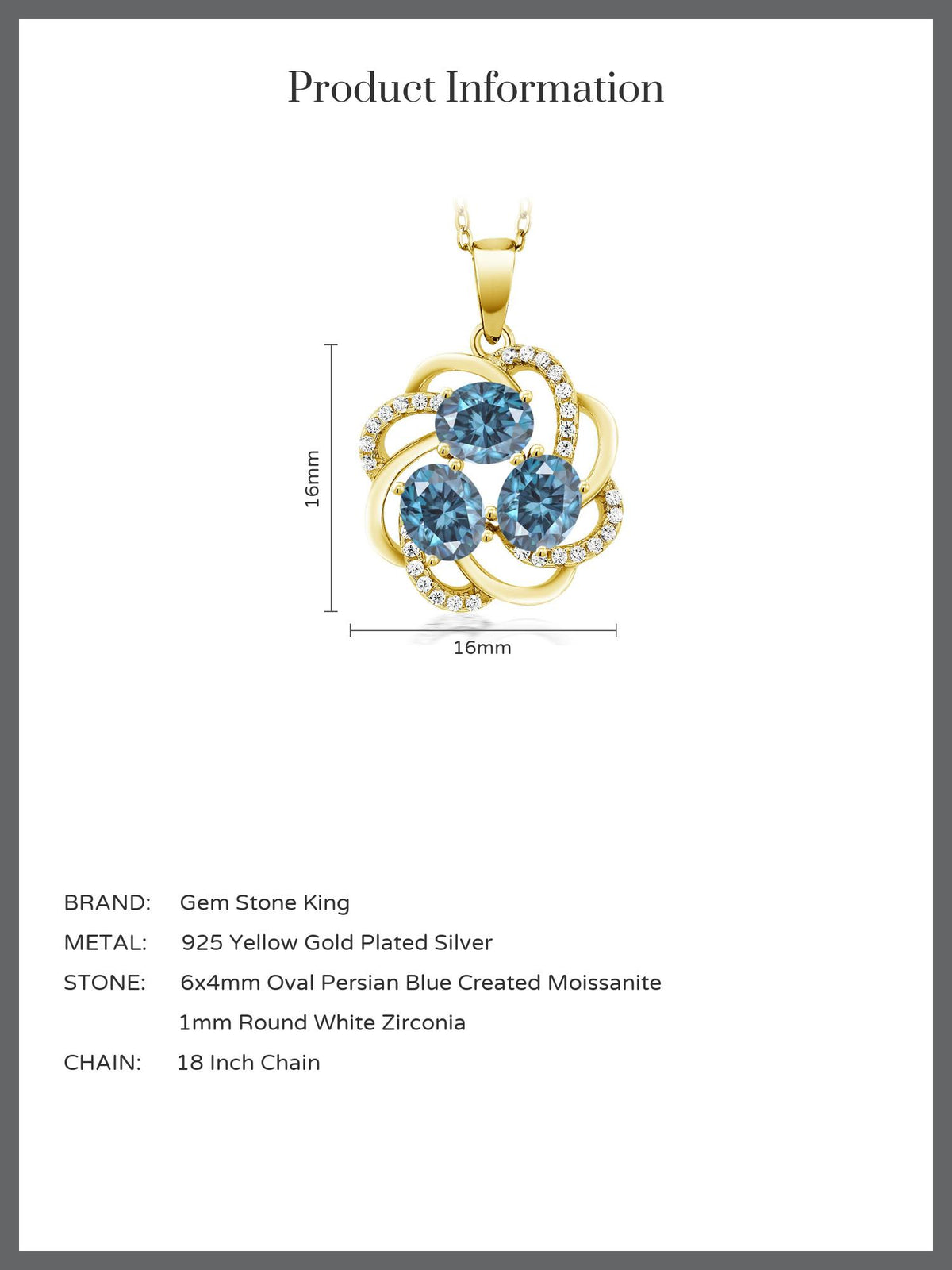 18K Yellow Gold Plated Oval Persian Blue Moissanite Pendant Necklace T507111