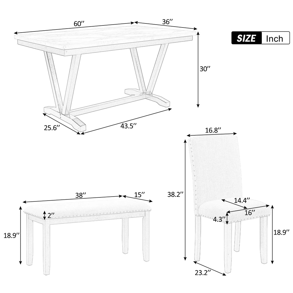 6-piece Dining Table with 4 Chairs & 1 Bench, White Y37832