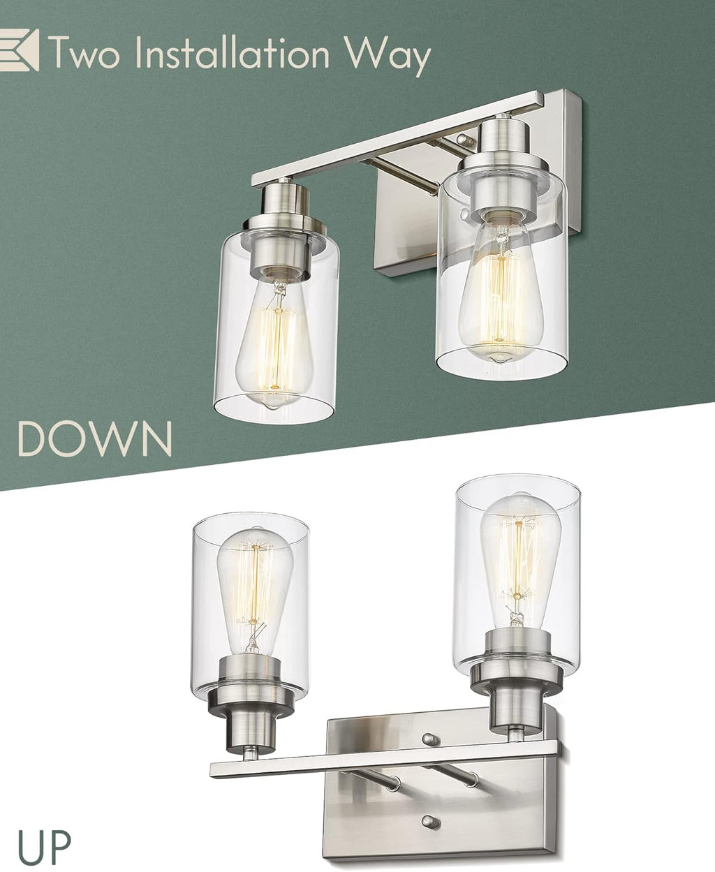 2-Light Brushed Nickel Vanity Wall Light Fixtures with Clear Glass Lampshade C608