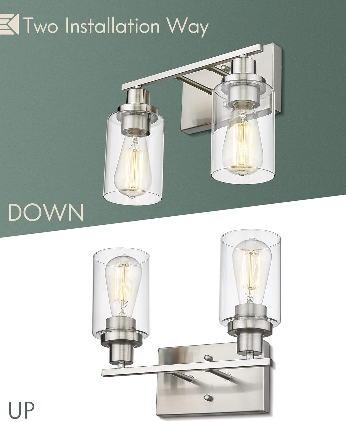 2-Light Brushed Nickel Vanity Wall Light Fixtures with Clear Glass Lampshade C608