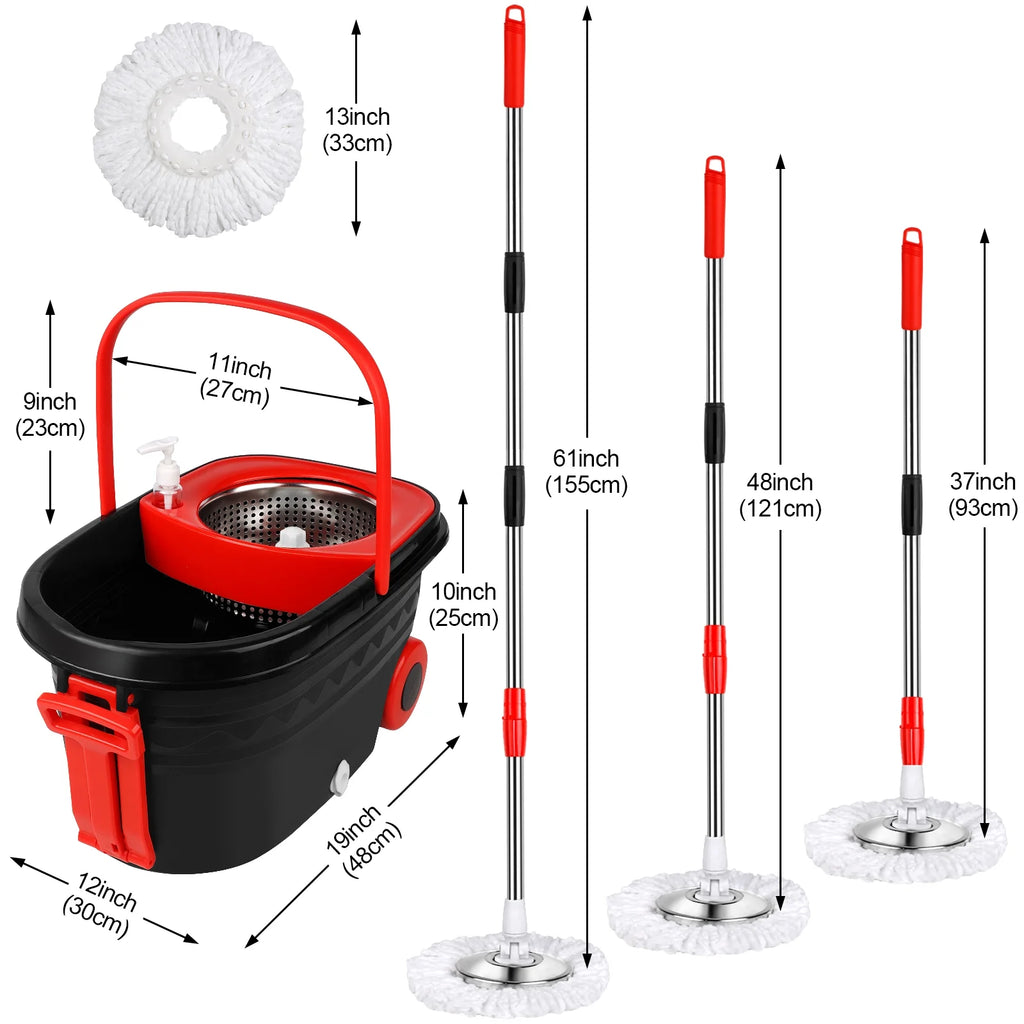 Spin Mop Bucket with Wringer Set, 3 Microfiber Replacement Mop Head Refills, Black/Red L81466