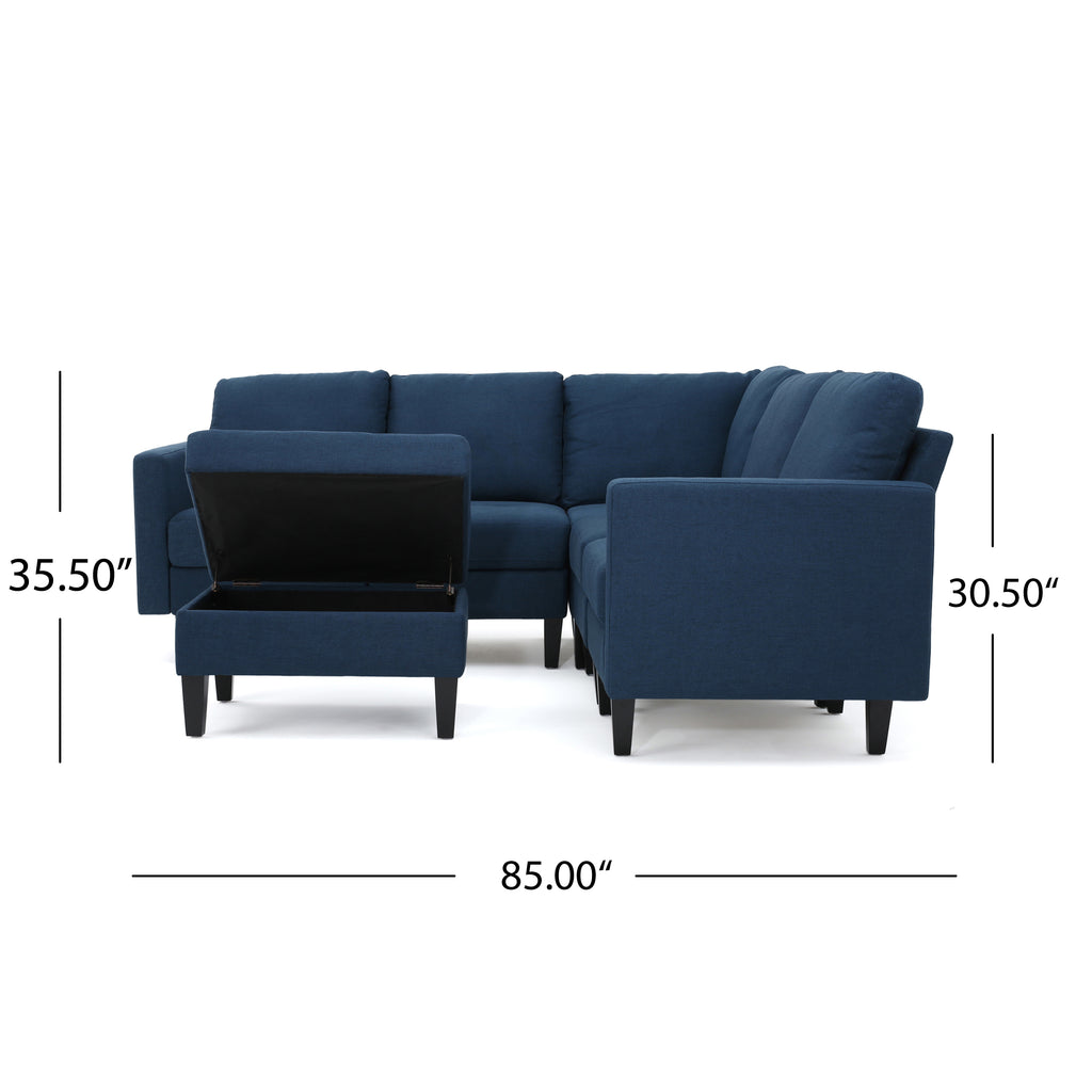 Dark Blue Fabric Sectional Couch with Storage Ottoman N732606