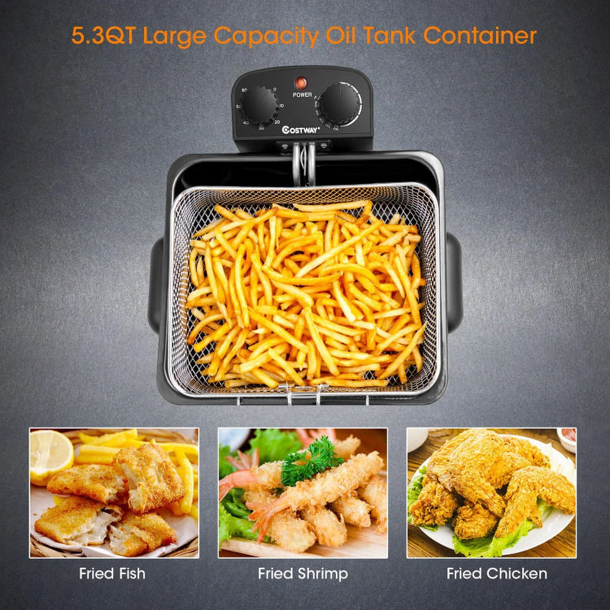 5.3Qt Stainless Steel Electric Deep Fryer with Triple Basket U332
