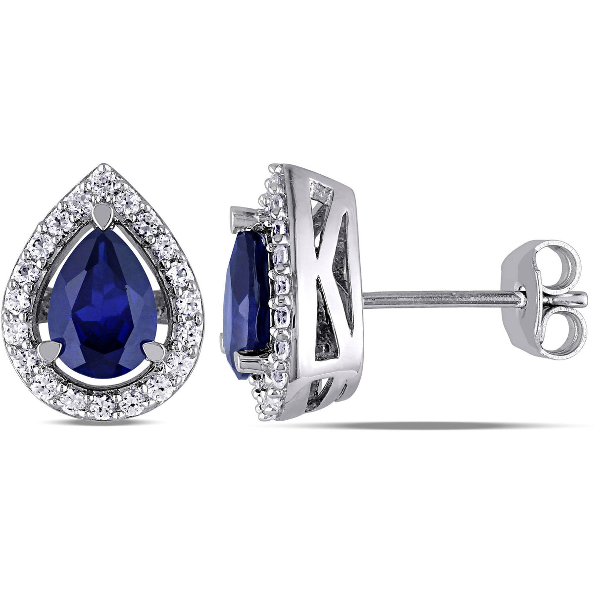 Pear-Shaped Created Blue Sapphire and White Sapphire Sterling Silver Halo Stud Earrings A54487