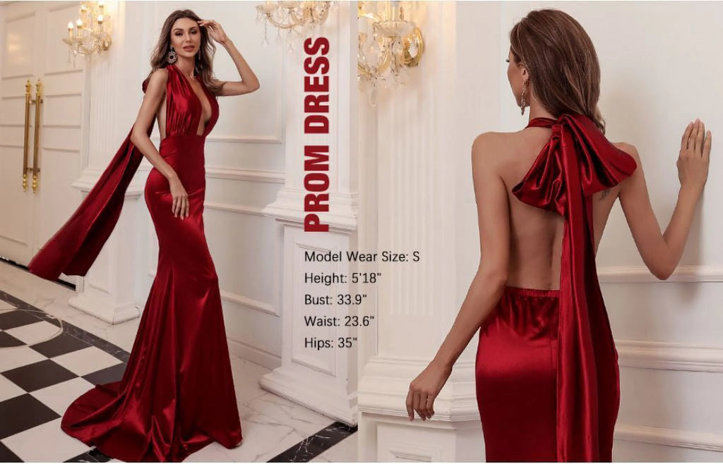 Red Medium V Neck Sleeveless Long Halter Dress P90988