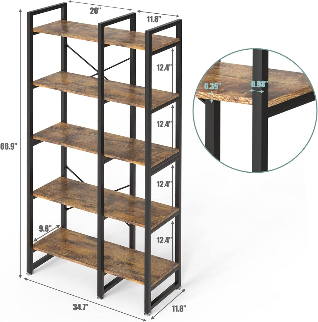Rustic Industrial 5 Tiers Bookcase with Metal Frame C439