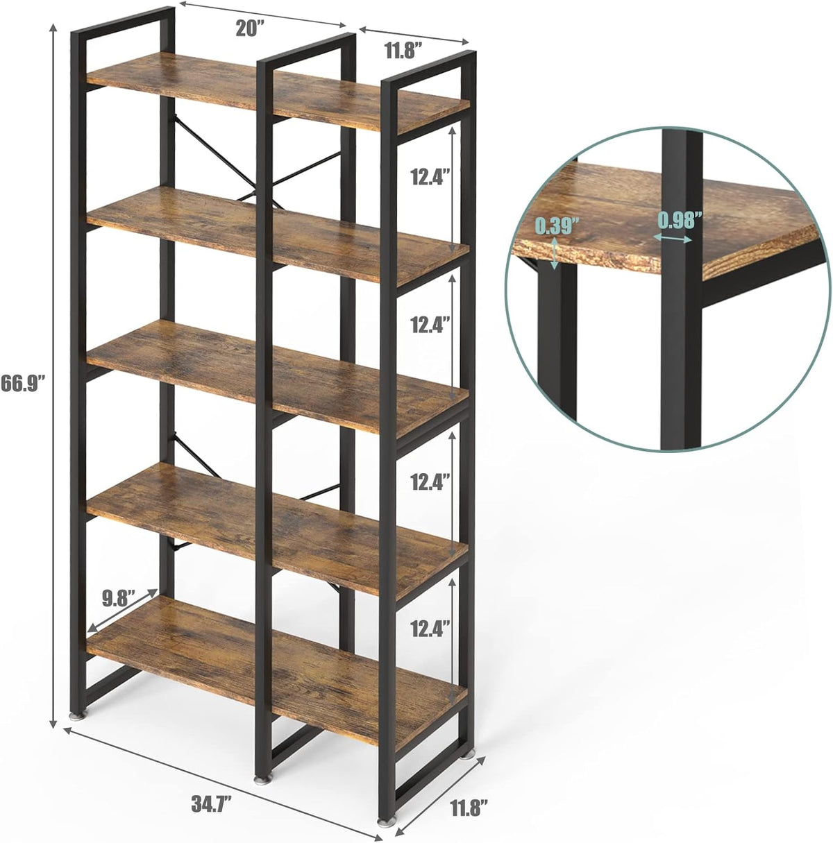 Rustic Industrial 5 Tiers Bookcase with Metal Frame C439