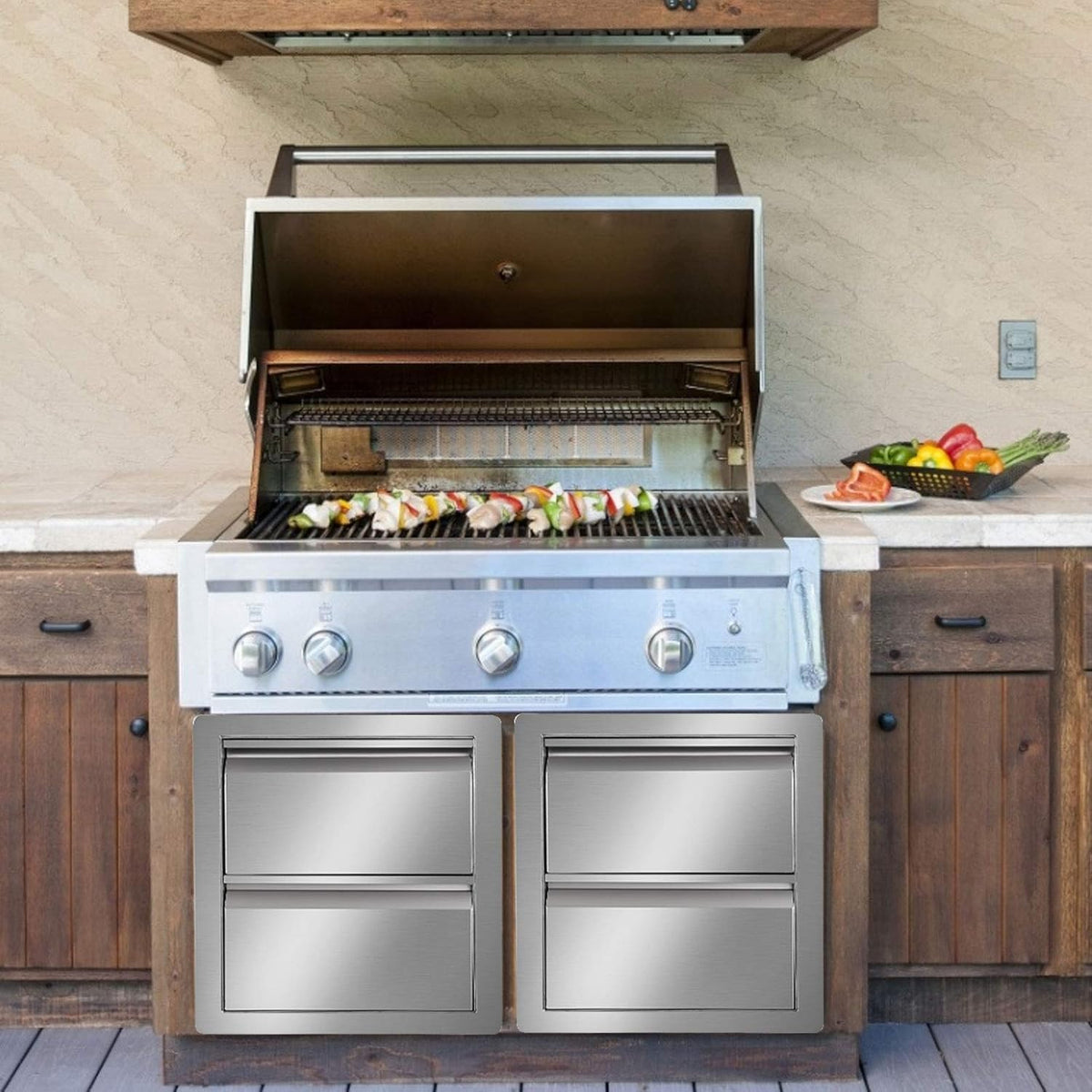 Stainless Steel Triple Access BBQ Drawers Box Frame Style Flush Mount Outdoor Kitchen Drawers B4401