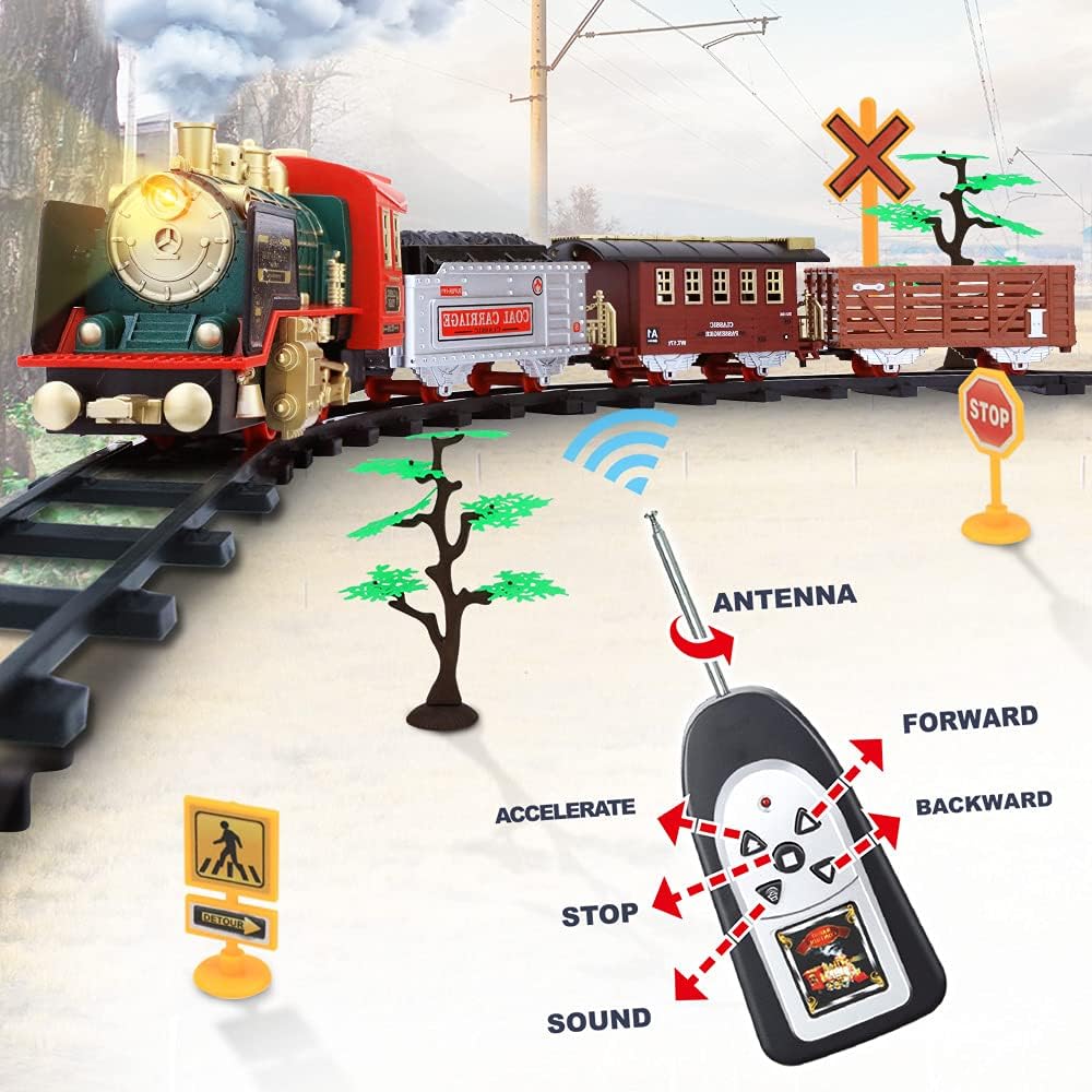 Electric R/C Train Toy with Steam Locomotive Engine, Cargo Cars & Tracks, Pack of 2 R125165