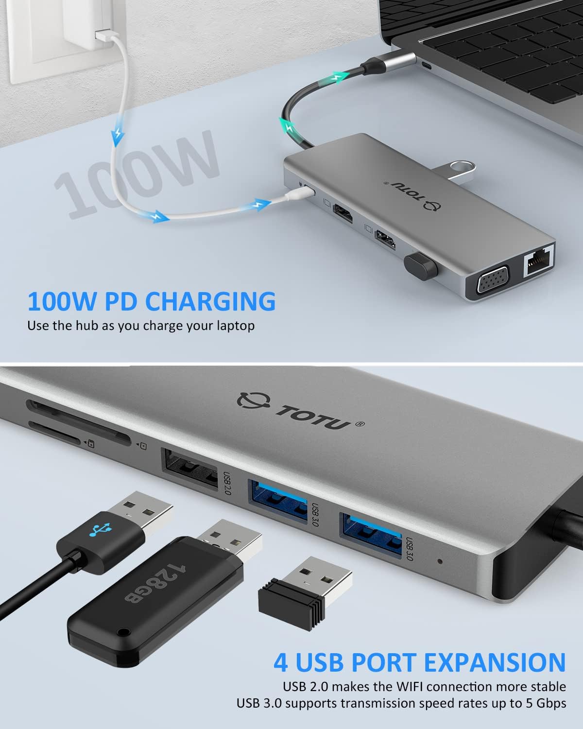 13-in-1 USB C Hub with Ethernet, 4K HDMI, VGA, USB 3.0, 100W PD, SD/TF Card Reader H81216