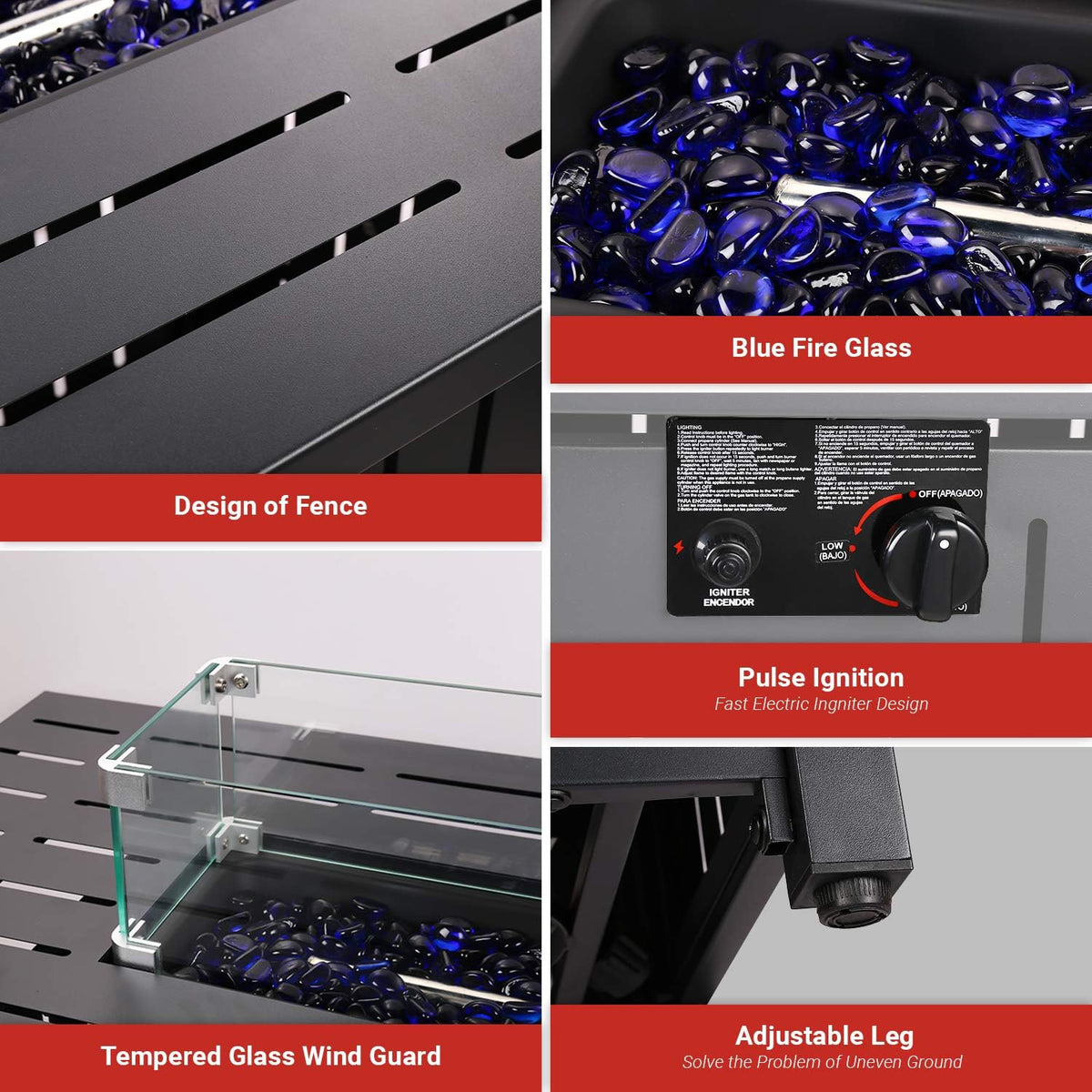 43in Outdoor Propane Gas Fire Pit Table with Glass Wind Guard, Glass Rock, Waterproof Cover Q537