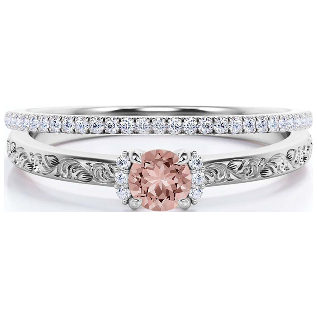 1.25 Carat Round Cut Morganite And Diamond Moissanite Engagement Ring in 10k Solid White Gold W4396