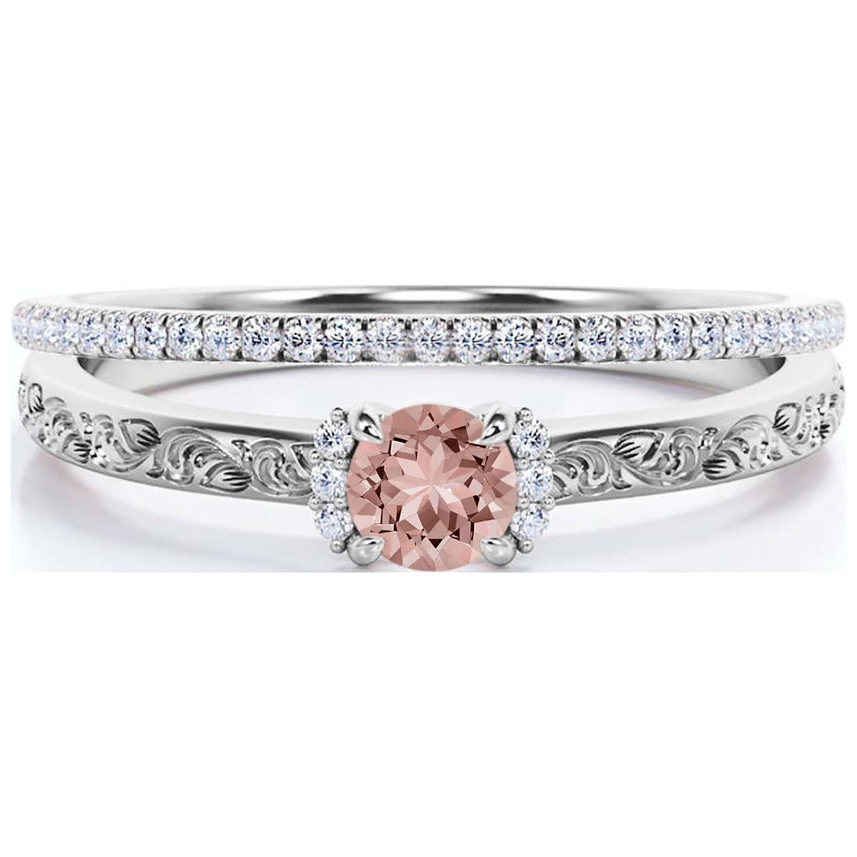 1.25 Carat Round Cut Morganite And Diamond Moissanite Engagement Ring in 10k Solid White Gold W4396