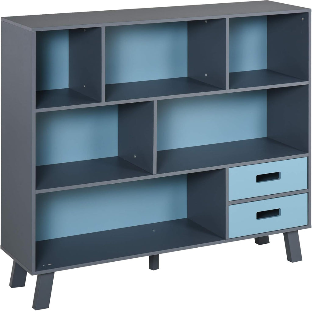 3-Tier Dark Blue Bookcase with Drawers Z786052