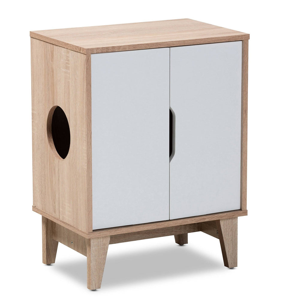 Two-Tone Oak and White 2-Door Cat Litter Box Cover Q5373