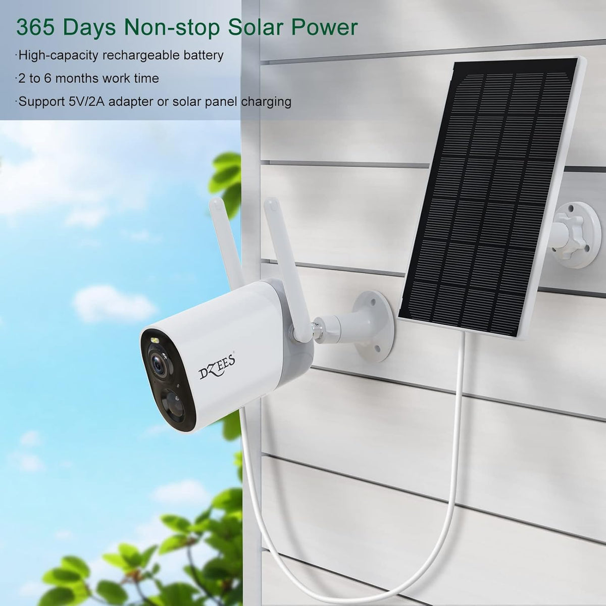 Solar Security Camera Outdoor Wireless with Siren and Spotlight, Battery Powered WiFi, Motion Detection, Color Night Vision, IP66 Waterproof D6074