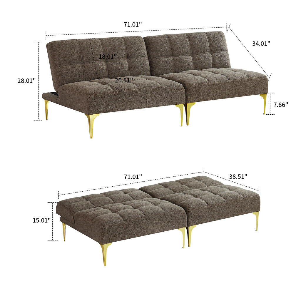 Taupe Teddy Fabric Upholstered Three-seat Futon Sofa with 2 Pillow and Gold Metal Legs H989711