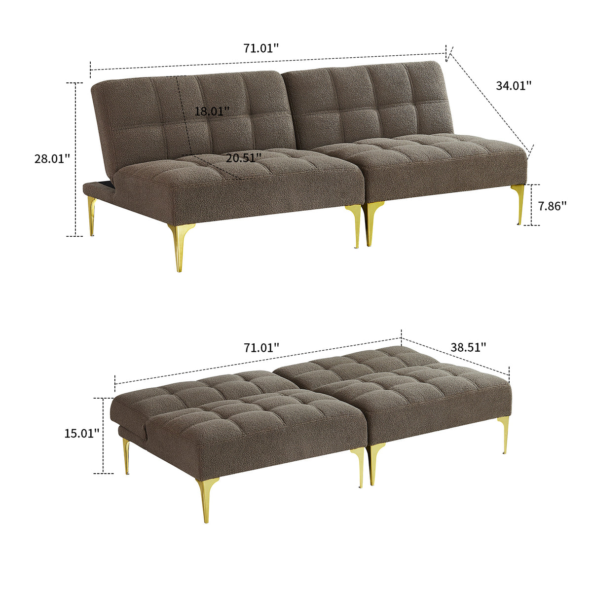 Taupe Teddy Fabric Upholstered Three-seat Futon Sofa with 2 Pillow and Gold Metal Legs H989711
