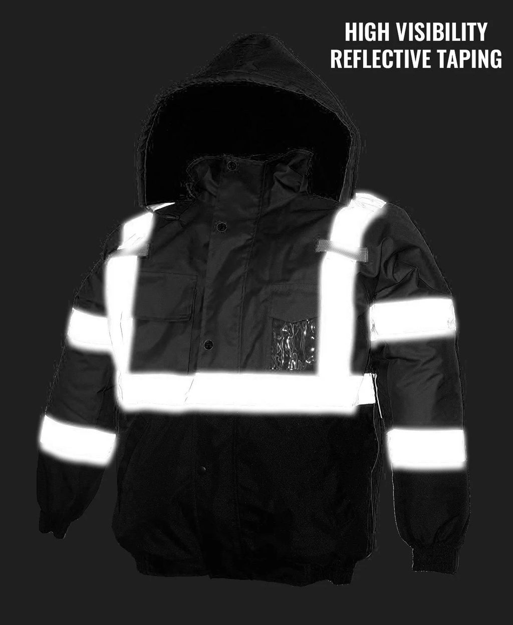 Black Safety Bomber Jacket with Detachable Hood T7423