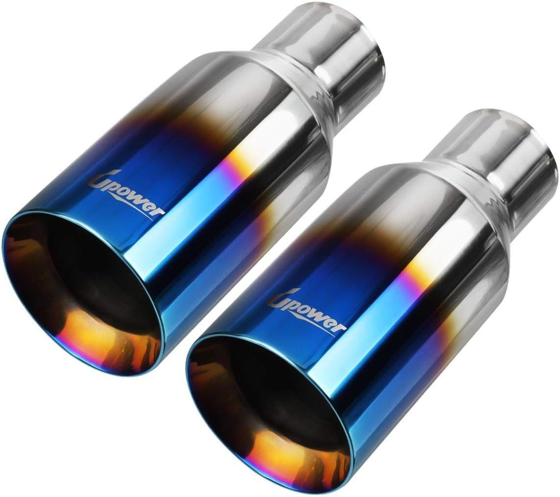 2.5 Inch Inlet 4 Inch Outlet Blue Burnt Exhaust Tip 9" Long Double Wall Straight Cut 304 SS Weld On Pack of 2 L43601