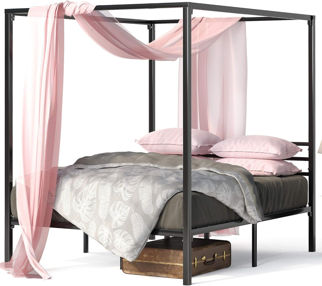 Black Metal Canopy Platform Bed Frame with Steel Slat Support, Full E201