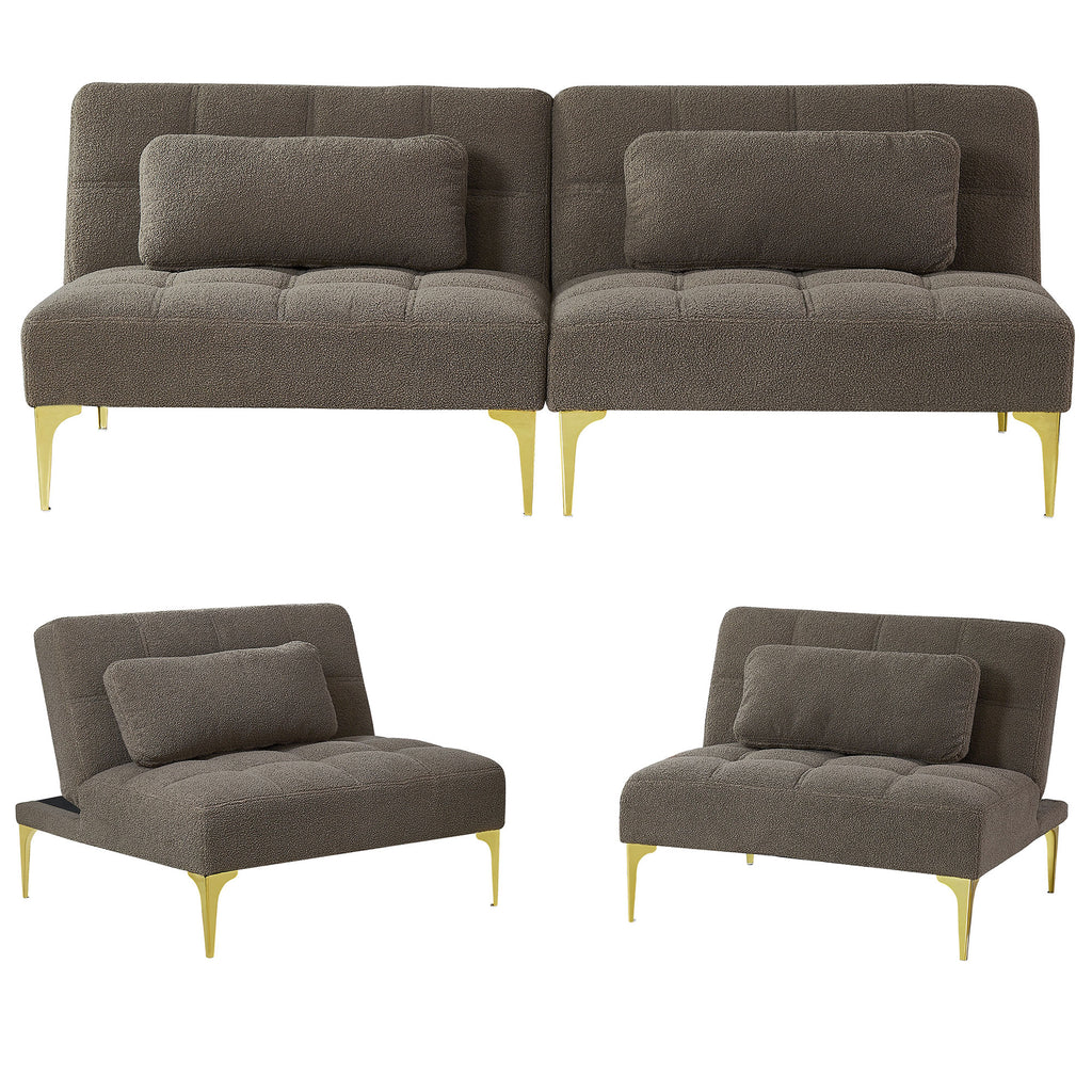 Taupe Teddy Fabric Upholstered Three-seat Futon Sofa with 2 Pillow and Gold Metal Legs H989711