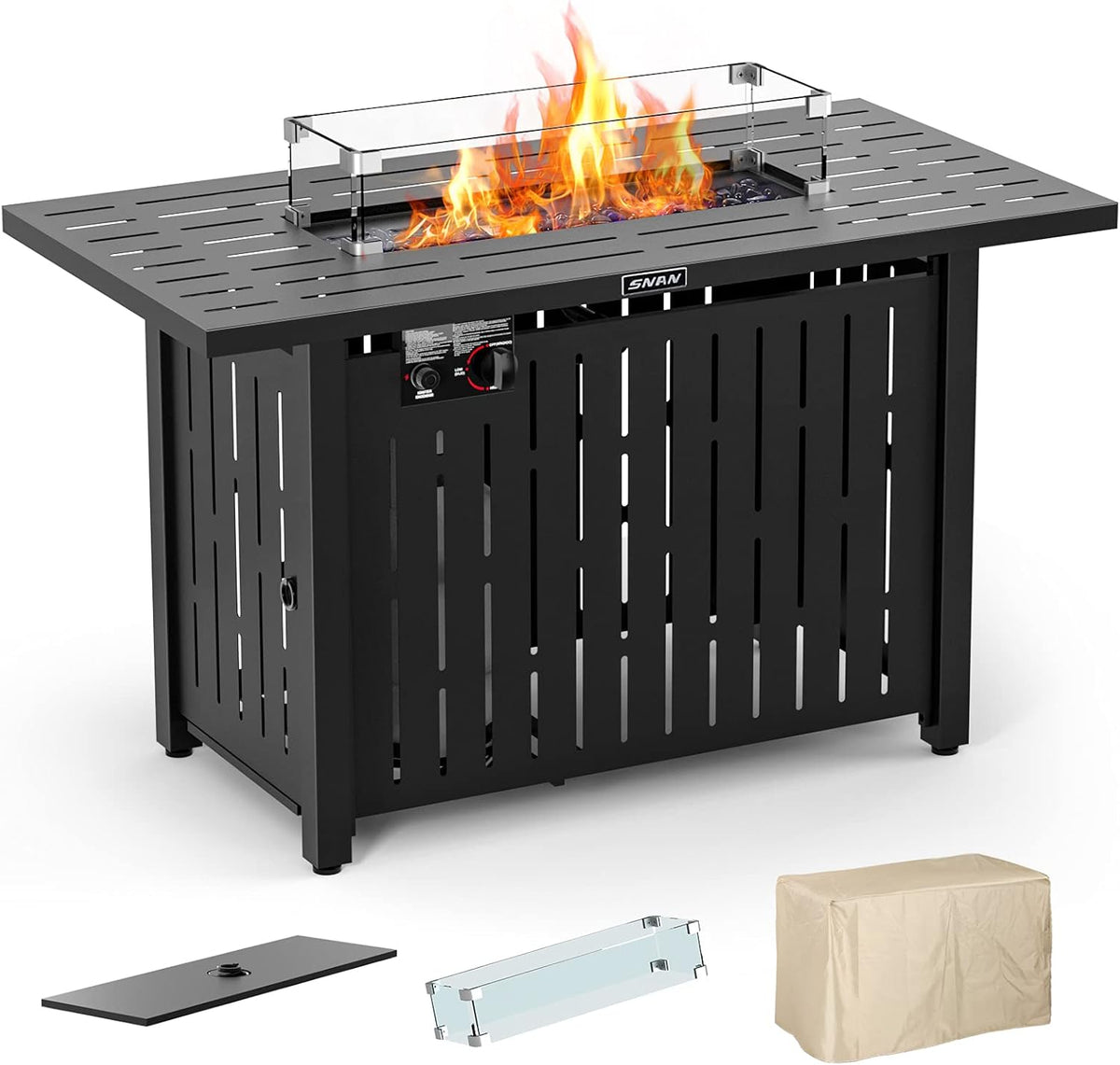 43in Outdoor Propane Gas Fire Pit Table with Glass Wind Guard, Glass Rock, Waterproof Cover Q537