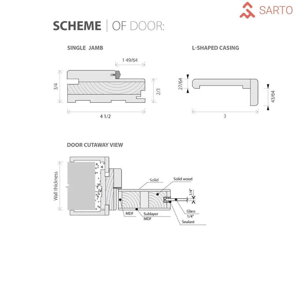 Solid French Door 32 x 84 inches Walnut with Frosted Glass Single Regular Panel Frame Trims Handle G613