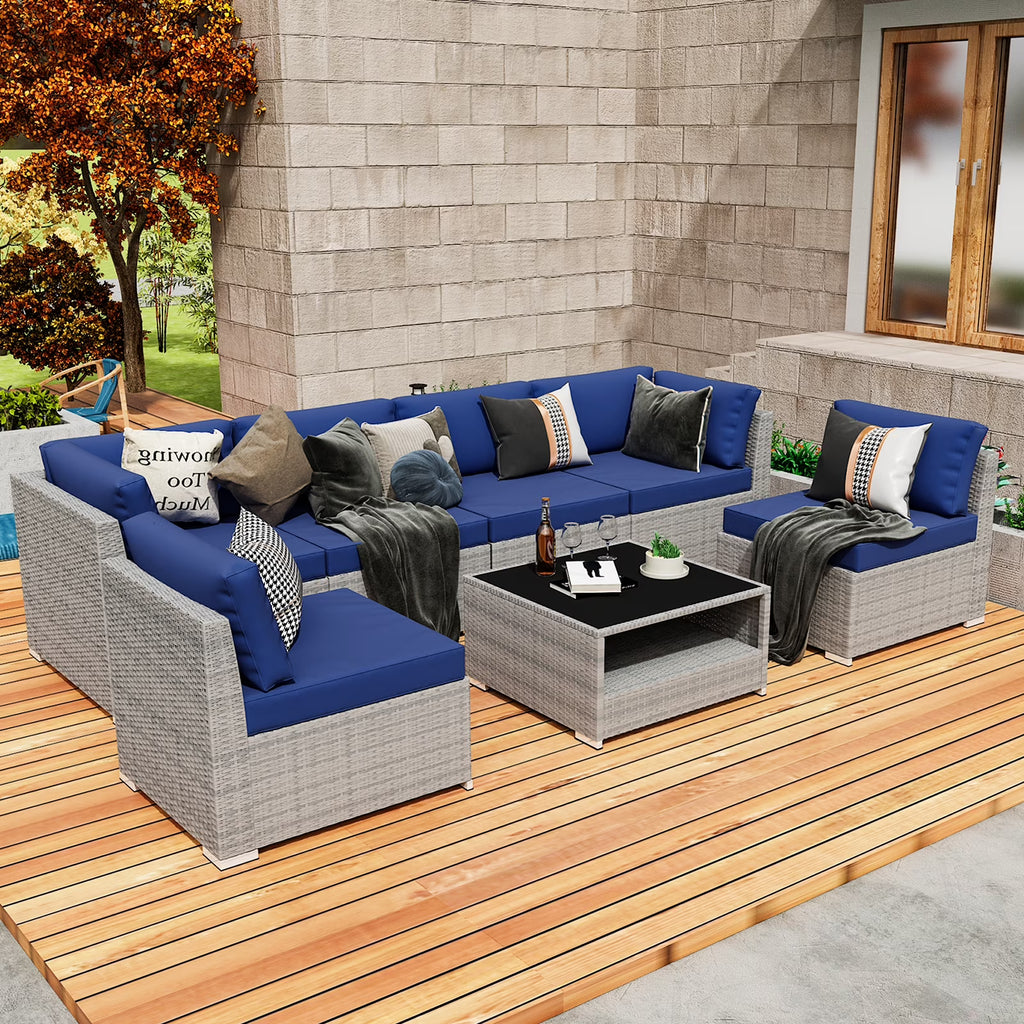 7 Piece Outdoor Wicker Patio Furniture Set with Coffee Table, Dark Blue W4274