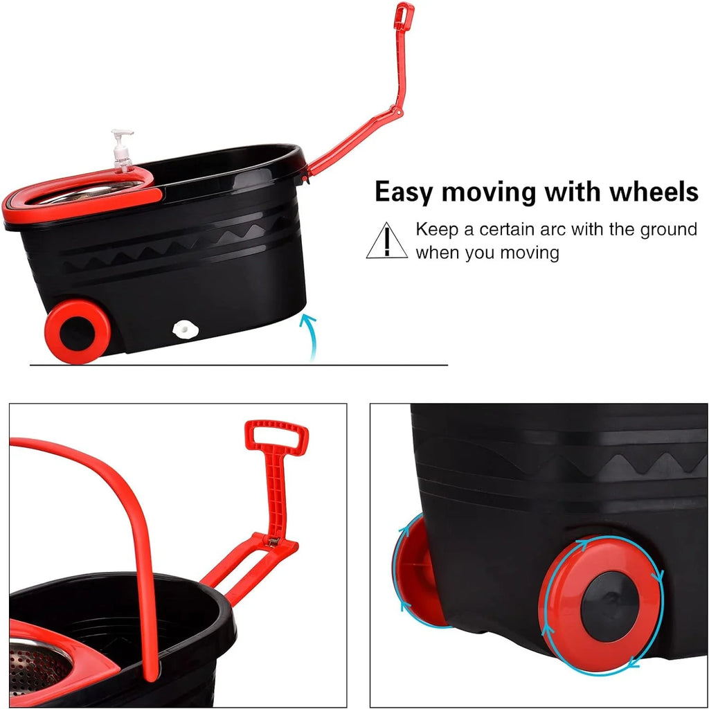 Spin Mop Bucket with Wringer Set, 3 Microfiber Replacement Mop Head Refills, Black/Red L81466