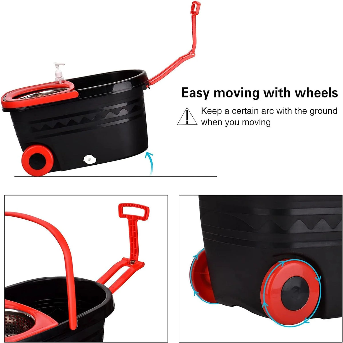 Spin Mop Bucket with Wringer Set, 3 Microfiber Replacement Mop Head Refills, Black/Red L81466