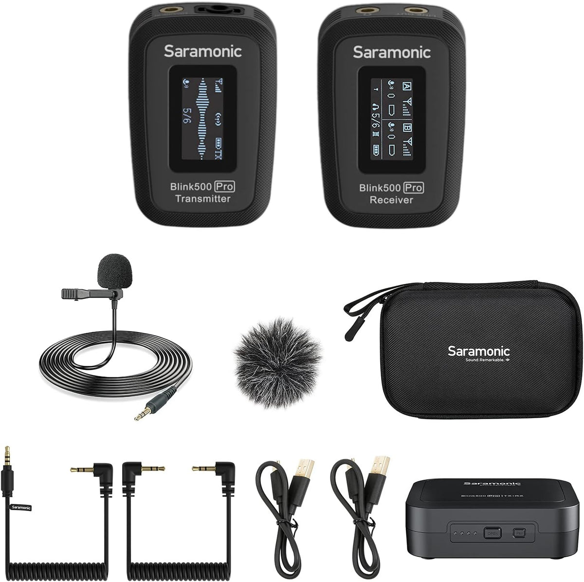 Wireless Lavalier Microphone with Charging Case, OLED Display & 3.5mm Headphone Output U446