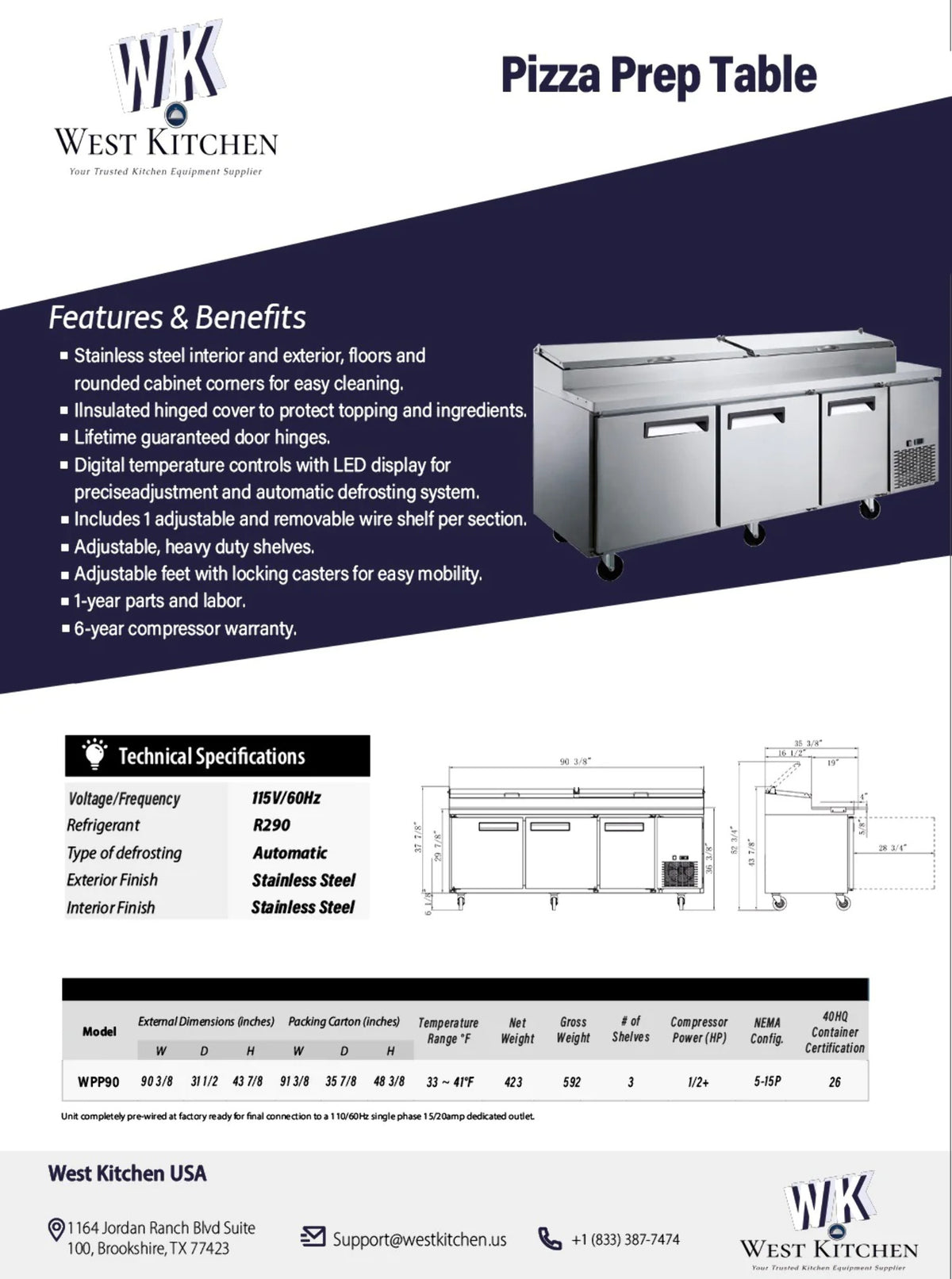 90 Refrigerated 3 Door Pizza Prep Table T797224
