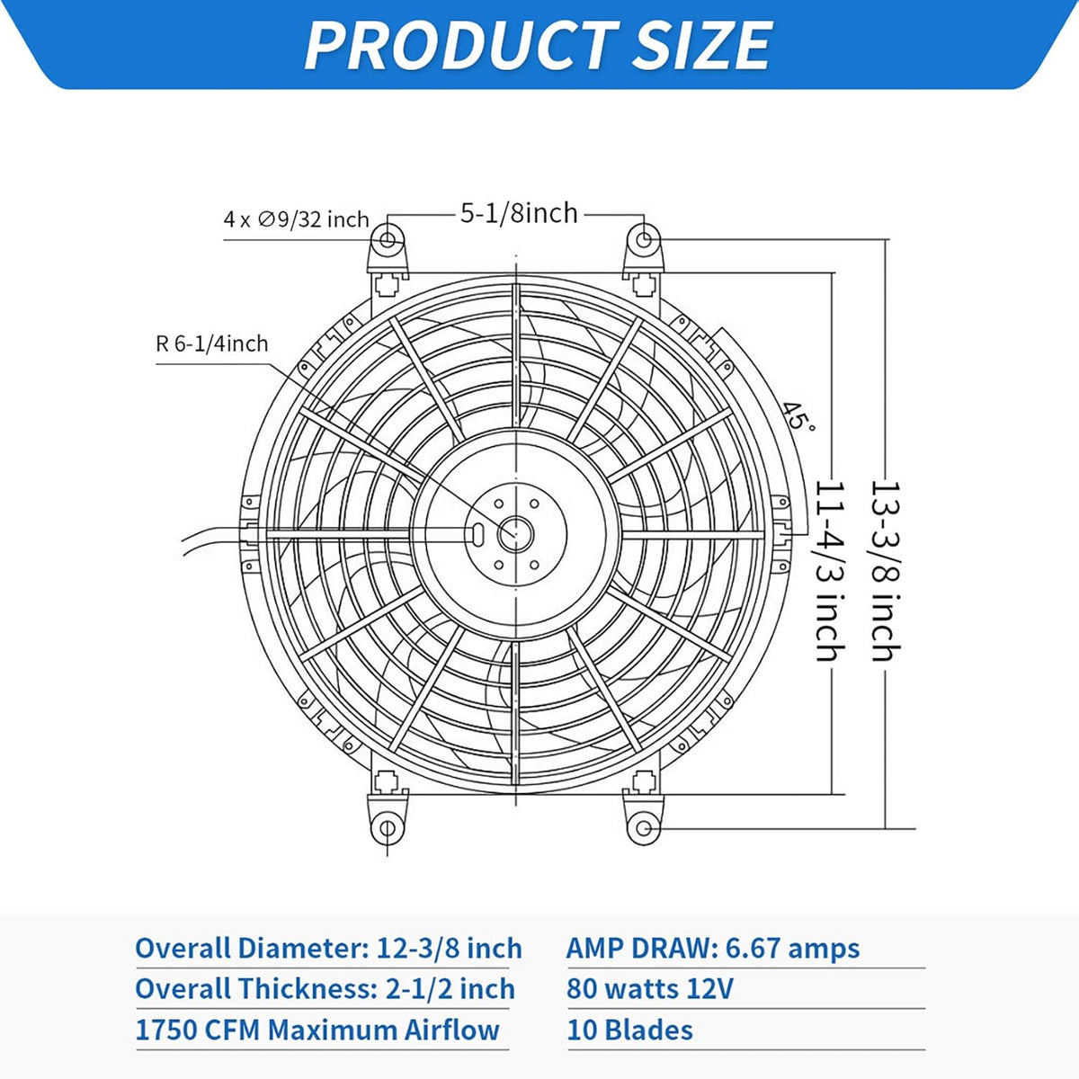 12 Inch Electric Engine Radiator Cooling Fan with Mounting Kit 1750 CFM 12 Volts Pack of 2 G9203