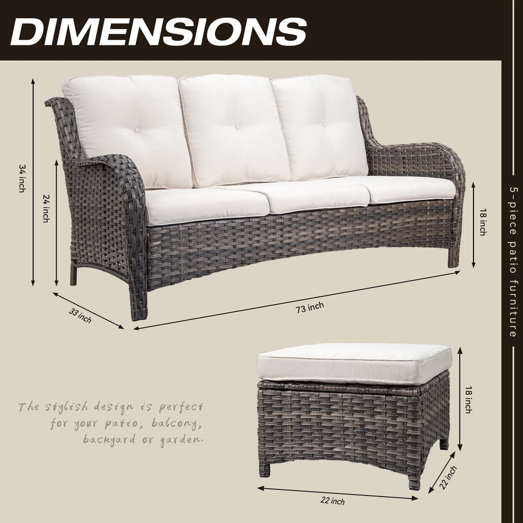 Beige Wicker 3-Piece Patio Sofa and Ottoman I762921