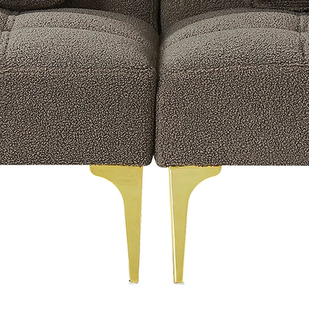 Taupe Teddy Fabric Upholstered Three-seat Futon Sofa with 2 Pillow and Gold Metal Legs H989711