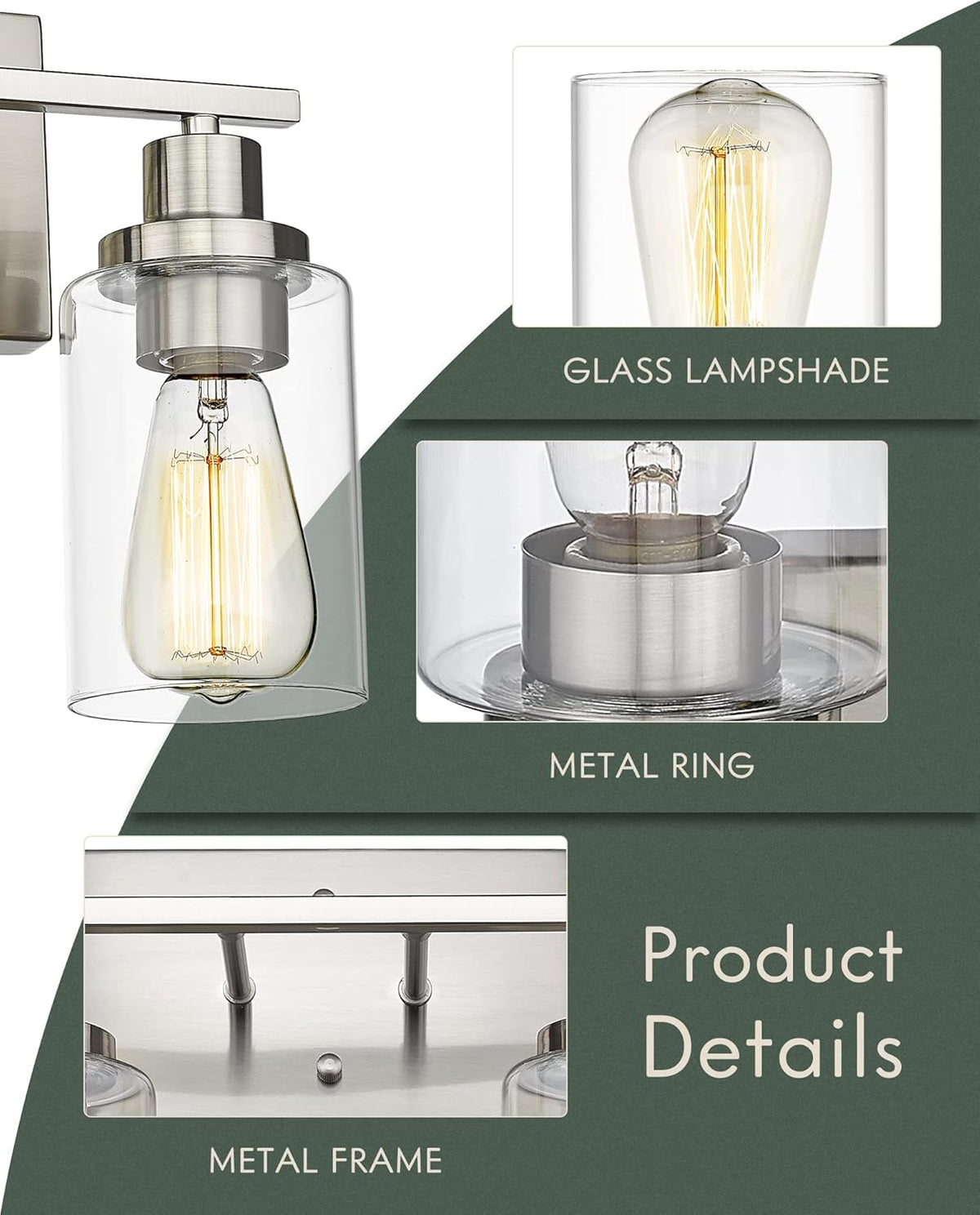 2-Light Brushed Nickel Vanity Wall Light Fixtures with Clear Glass Lampshade C608