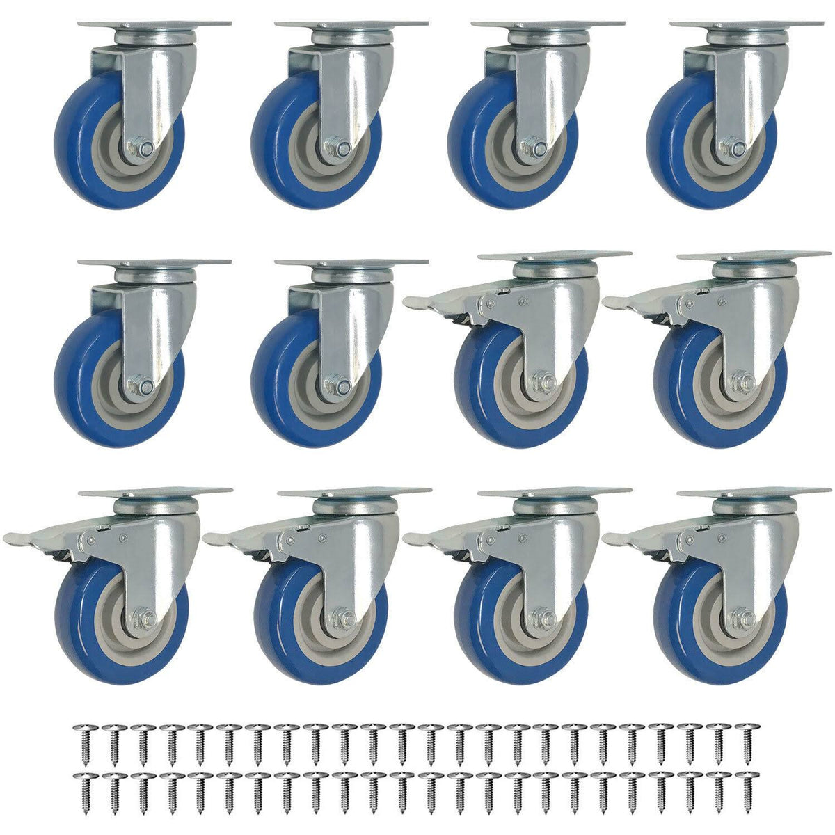 12 Pack 3 inch Swivel Plate Caster Wheels Blue Polyurethane with Screws H93424
