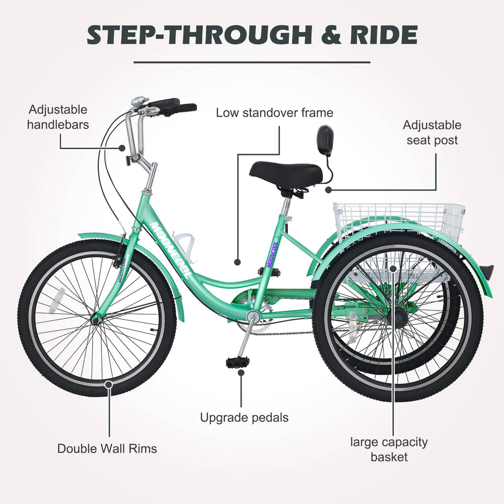 Adult Tricycles Single Speed 24 inch Three Wheel Bike Cruiser Trike with Low-Step Through Frame Large Basket V941769