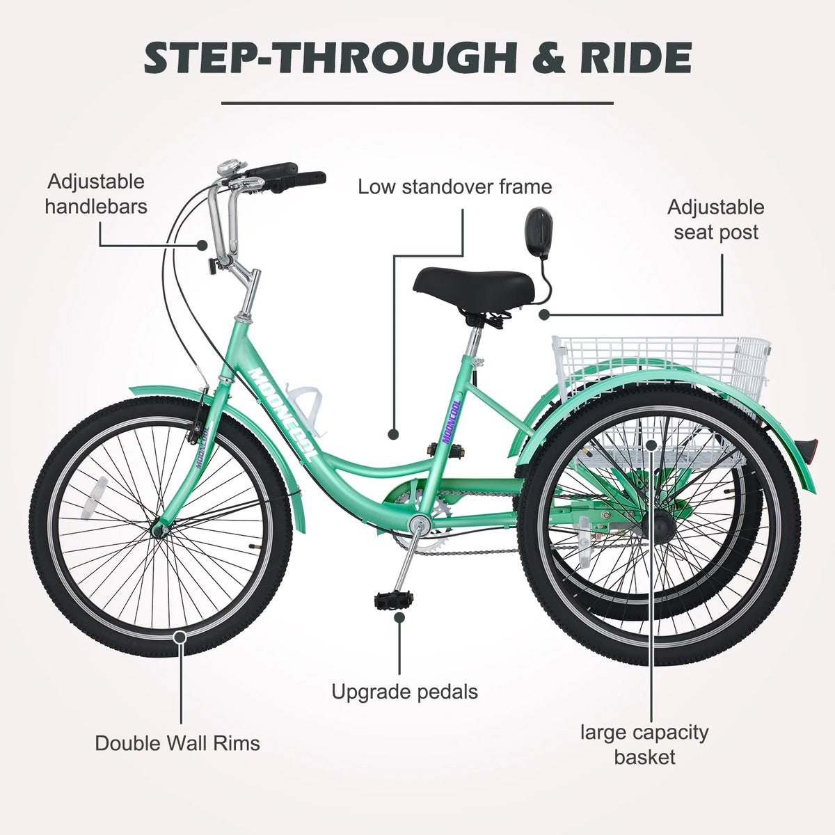 Adult Tricycles Single Speed 24 inch Three Wheel Bike Cruiser Trike with Low-Step Through Frame Large Basket V941769